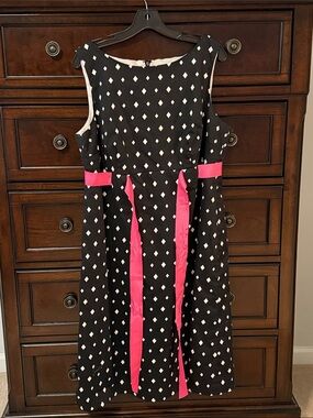 Black Diamond-Print Dress with Pink Sash